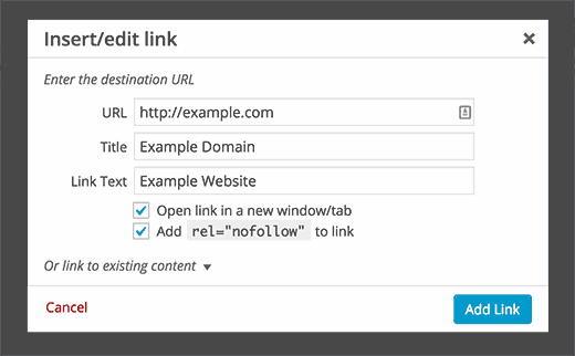 Hoe voeg je een NoFollow-checkbox toe om Link Section in WordPress in te voegen